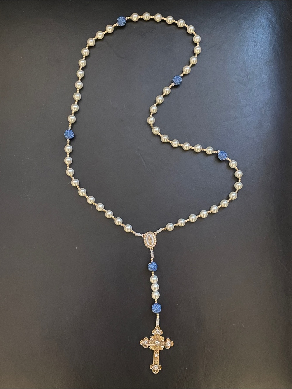 Handmade Brazilian Waxed Thread Glass Pearl and Blue Rosary